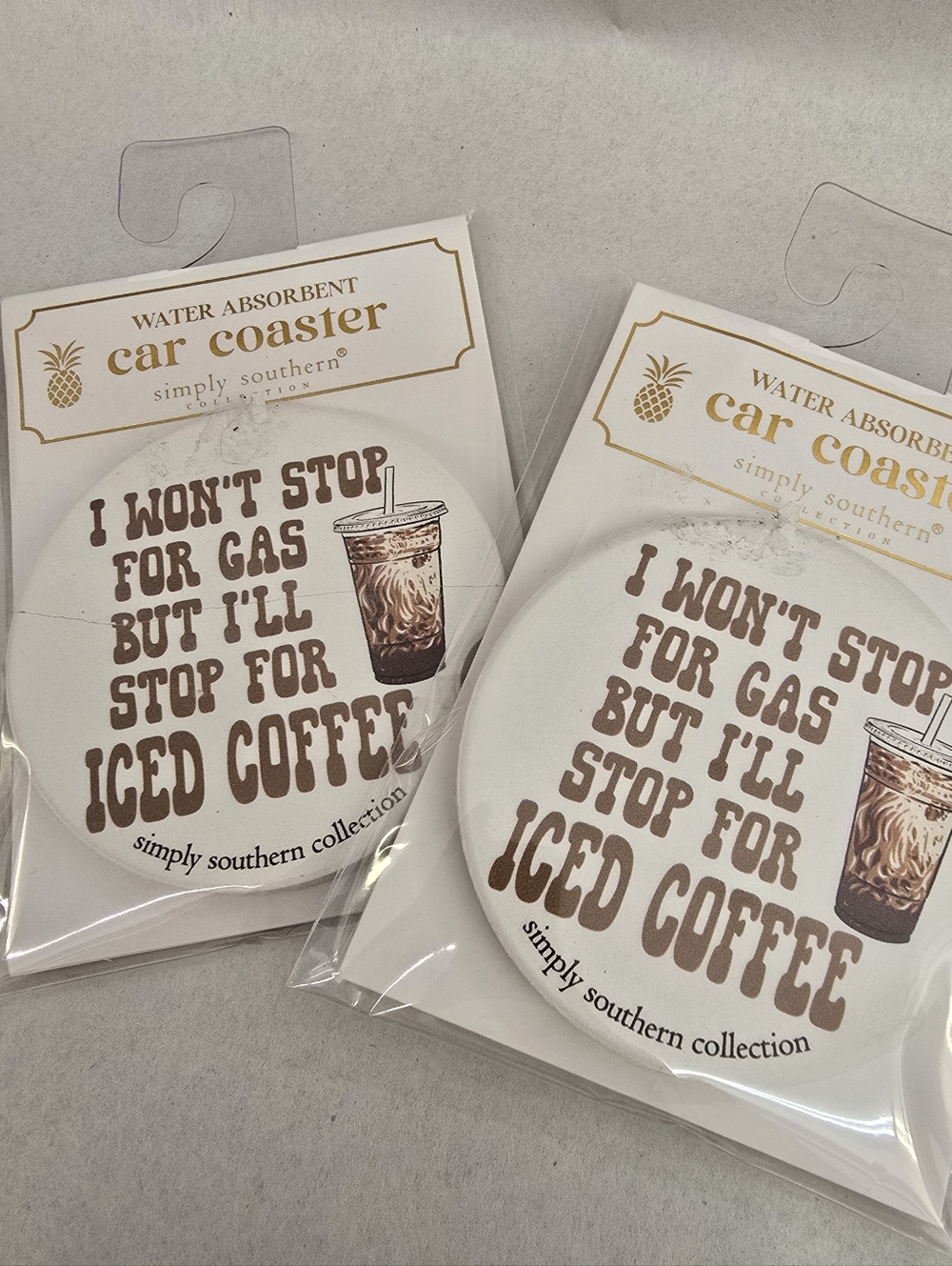Simply Southern White & Brown Iced Coffee Car Coaster - 'I Won't Stop For Gas'